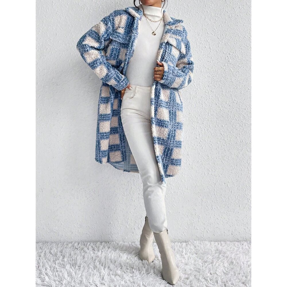Blue cream preppy teddy coat long - Picture 1 of 2